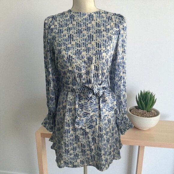 ALICE & OLIVIA Rose Print Striped Blue White Long Sleeve Dress Size 6 - Picture 1 of 9
